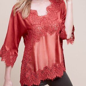 ANTHROPOLOGIE ‘Bell-Sleeve Lace Blouse’ Coral Boho Satin Top V-Neck